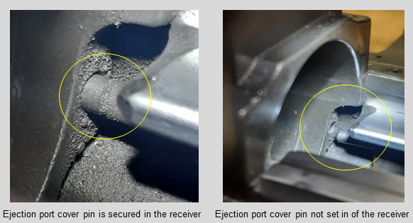 Ejection port cover pin secure and not secure in the receiver